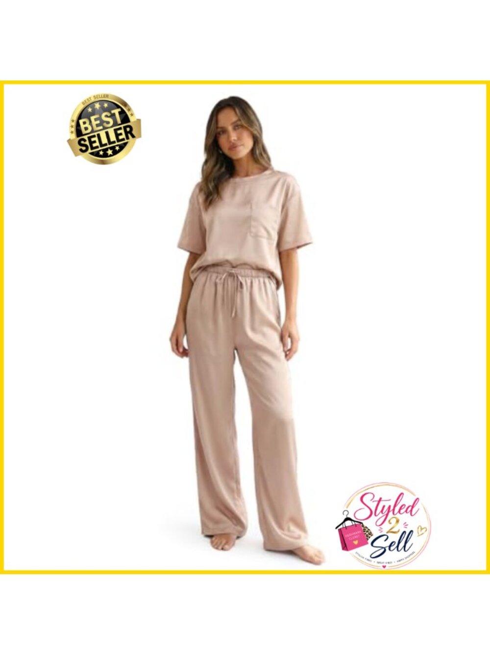 Tall Women's Satin Pajama Set 2 Piece Short Sleeve Long Pants